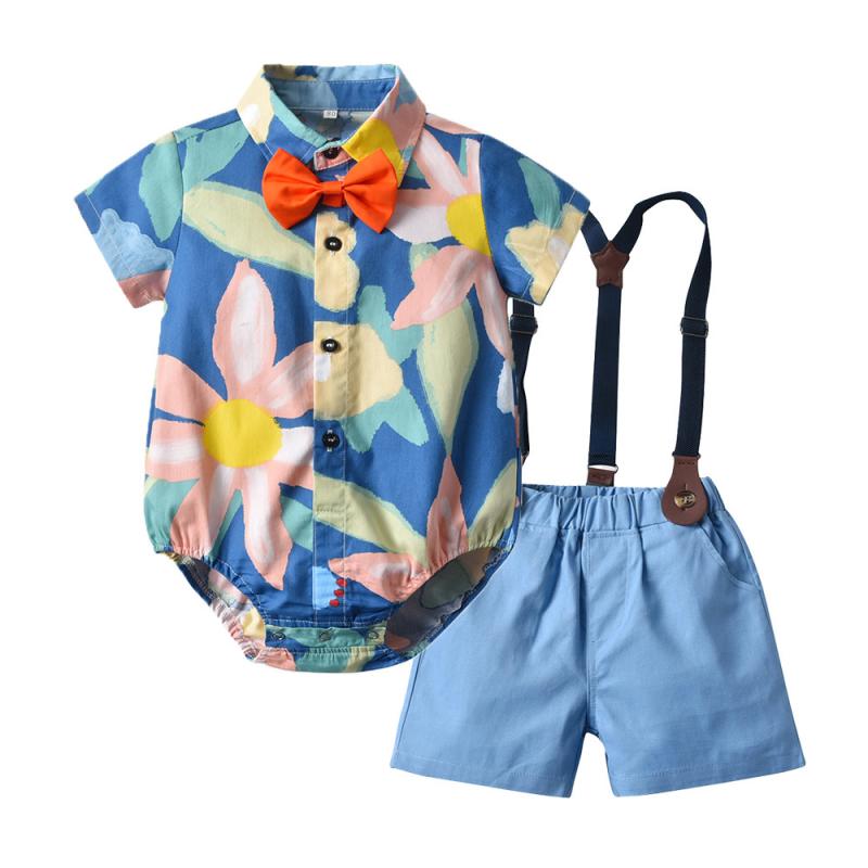 セットアップ 男の子 ベビー キッズ 春夏 フォーマル 礼服 かわいい 半袖 シャツ ロンパース カバーオール ショートパンツ 短パン 綿 コットン 柔らかい 通気性 プリント 花柄 総柄 マルチカラー 誕生日 結婚式 お祝い