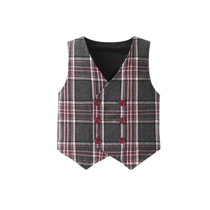 セットアップ 男の子 キッズ 子供服 フォーマルスーツ 紳士服 礼服 ジャケット ベスト 長袖 長ズボン チェック柄 格子柄 英国風 綿 コットン 柔らかい 快適 シングルボタン ダークグレー 春夏 発表会 結婚式 入園式