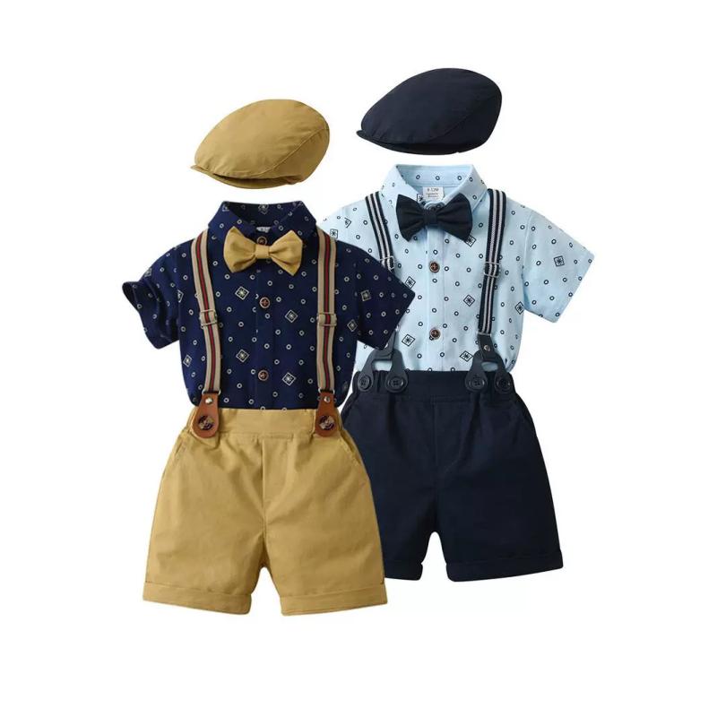 セットアップ 男の子 ベビー キッズ 子供服 春夏 英国風 ブリティッシュ サロペット オーバーオール 半袖 シャツ ズボン ハーフパンツ ドット柄 水玉模様 コットン 綿 柔らかい 快適 通気性 幼稚園 保育園 お出かけ ネイビー ブルー