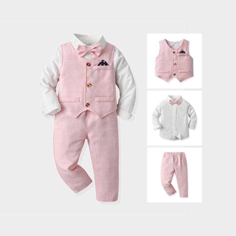 セットアップ キッズ 男の子 子供服 フォーマルスーツ 礼服 紳士服 ベスト 長袖 シャツ ロングパンツ ズボン チェック柄 綿 コットン素材 結婚式 発表会 七五三 おしゃれ 春秋 ピンク ブルー グレー