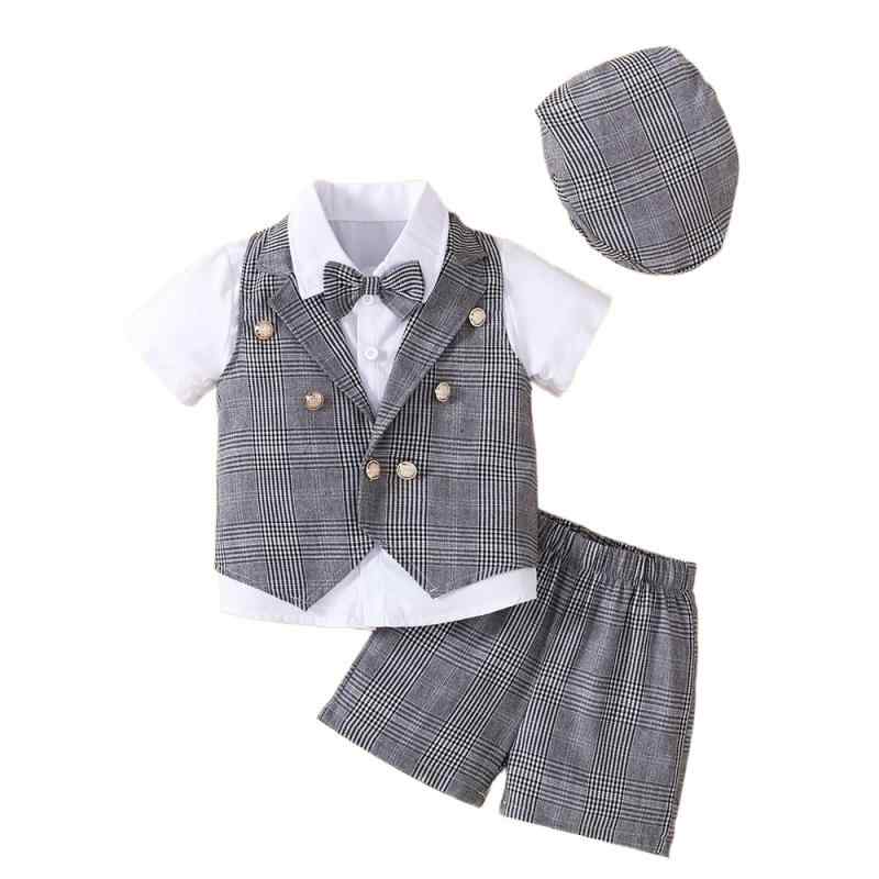 セットアップ 男の子 キッズ 子供用 春夏 英国風 チェック柄 グレー ベスト シャツ 半ズボン 短パン フ..