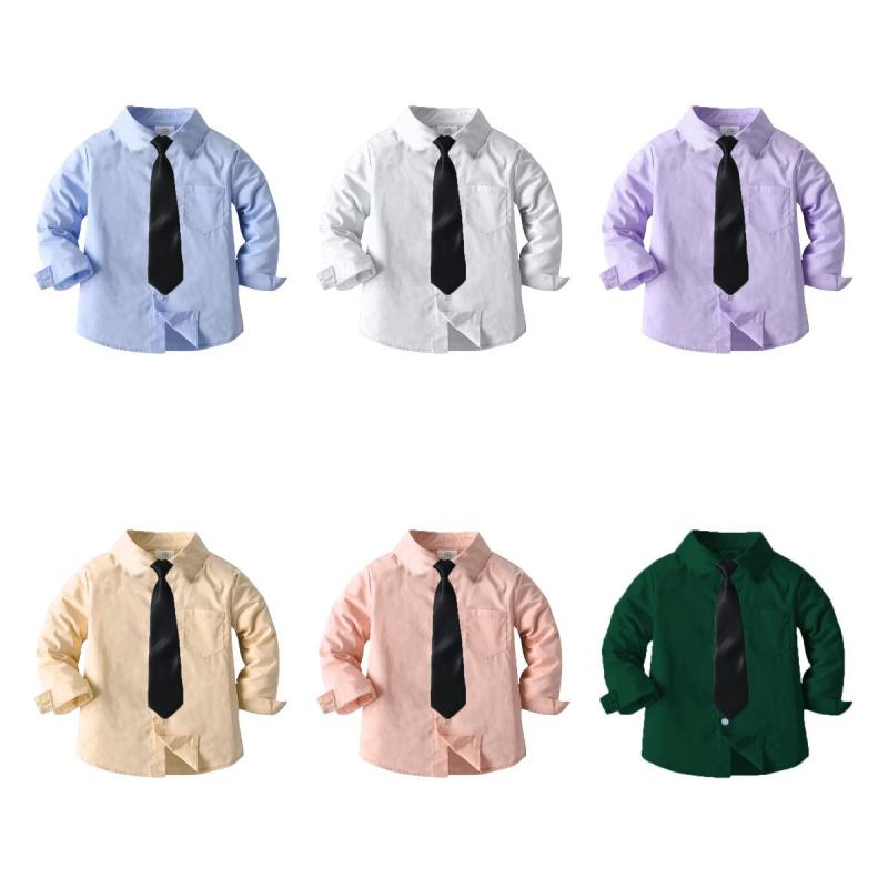 Suits, Tuxedos （Boys） - シャツ 男の子 キッズ 長袖 ネクタイ 無地 ブラウス トップス 襟 前開き 発表会 結婚式 冠婚葬祭 欧米風 英国風 トラッド 綿 コットン 春夏 秋冬 ホワイト ブルー イエロー フォーマル カジュアル