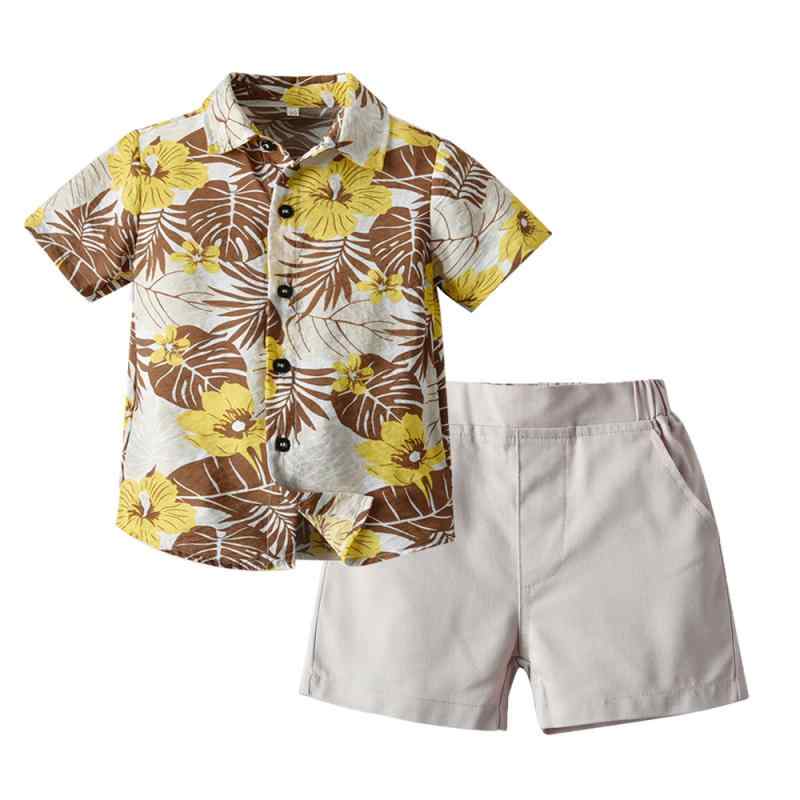 セットアップ キッズ 男の子 春夏 半袖シャツ ハーフパンツ 子供 ジュニア トップス 綿 コットン 再生繊維 花柄 フラワー プリント 涼しい 薄手 通気性 吸湿速乾 カジュアル 欧米風 イエロー 普段使い 通園 通学