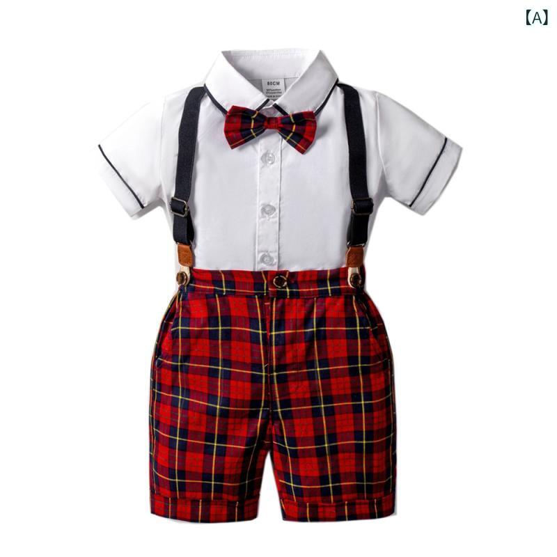 フロントップ楽天市場店のセットアップ 男の子 女の子 半袖 シャツ ハーフパンツ ショートパンツ 上下セット 春夏 チェック柄 蝶ネクタイ サスペンダー 綿 コットン フォーマル 礼服 発表会 結婚式 七五三 紳士風 レッド 赤 おしゃれ かわいい 柔らかい 通気性 吸汗性｜アングル2