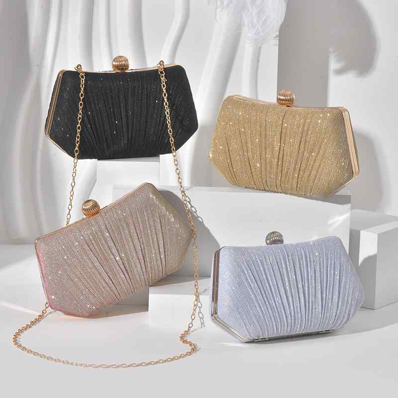 パーティーバッグ レディース クラッチバッグ ハンドバッグ ショルダーバッグ 鞄 カバン 手提げ 肩掛け 結婚式 二次会 お呼ばれ フォーマル プリーツ リボン チェーン スクエア 上品 高級感 PUレザー 合成皮革 華やか シンプル きれいめ シルバー
