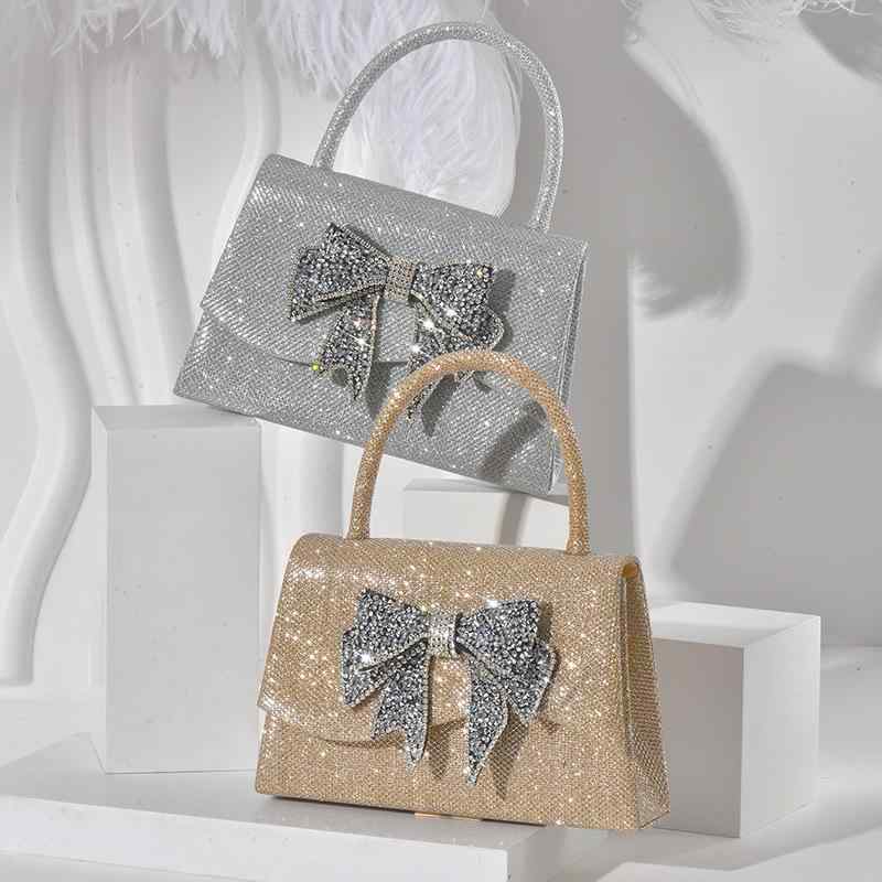 パーティーバッグ レディース 鞄 手提げ クラッチ リボン ラインストーン ビジュー スクエア 結婚式 お呼ばれ セレモニー チェーン 合皮 シンプル 上品 華やか 肩掛け コンパクト 小さめ ゴールド シルバー 春夏