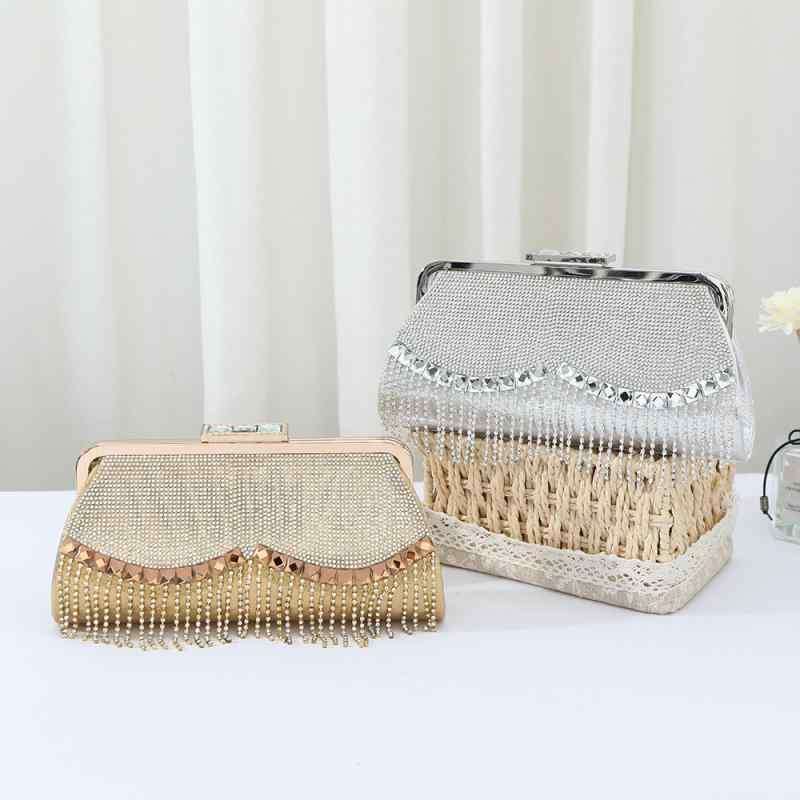 パーティーバッグ レディース 鞄 カバン クラッチ 手提げ 結婚式 二次会 披露宴 高級感 華やか ラインストーン フリンジ ビジュー ジルコニア キラキラ PUレザー 合成皮革 シルバー ゴールド 横型 大人 上品