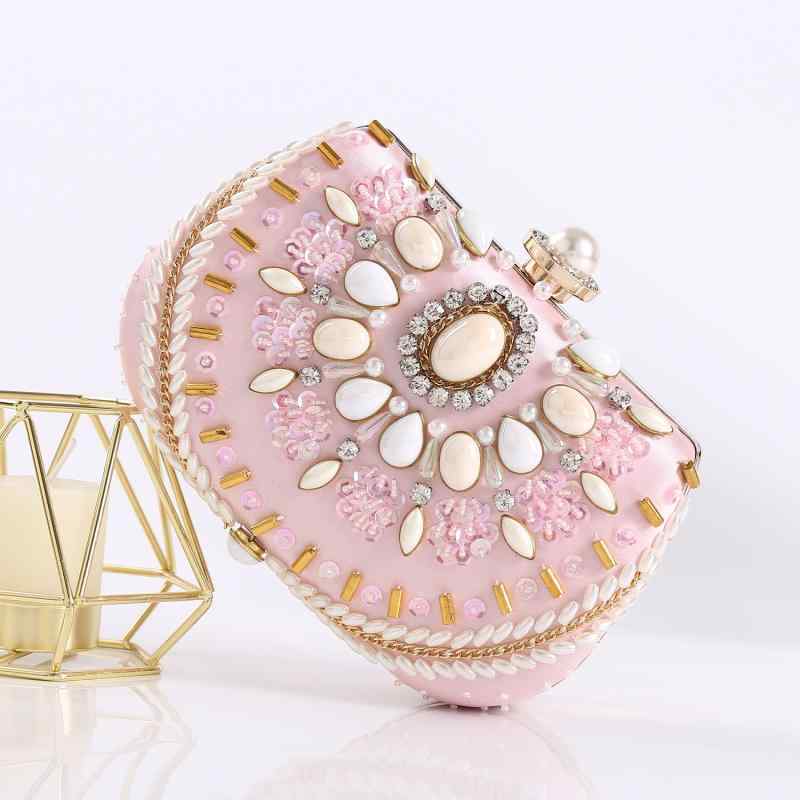 パーティーバッグ レディース 鞄 クラッチ 手刺繍 ビーズ アクリルストーン イブニング 結婚式 披露宴 二次会 チャイナドレス ショルダー チェーン 斜め掛け スクエア ミニ レトロ 高級感 ハード素材 シェル型 エレガント