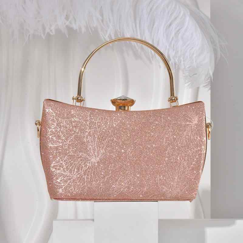 パーティーバッグ レディース トート型 ジルコニア ロック 高級感 上品 エレガント 鞄 ローズゴールド 披露宴 二次会 結婚式 チェーン ストラップ PUレザー 春夏 フォーマル ミニ 小さめ スクエア 携帯収納