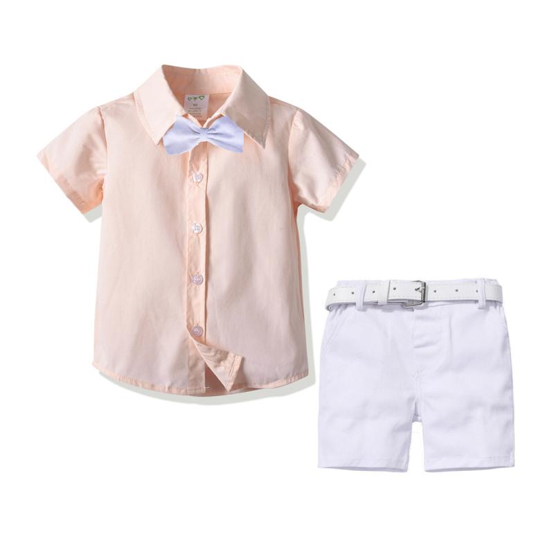 Suits, Tuxedos （Boys） - セットアップ 男の子 スーツ 礼服 紳士 正装 フォーマル キッズ 半袖シャツ 短パン ハーフパンツ 蝶ネクタイ ベルト 綿 コットン 春夏 無地 シンプル 欧米風 高級感 結婚式 発表会 パーティー ライトブルー ピンク