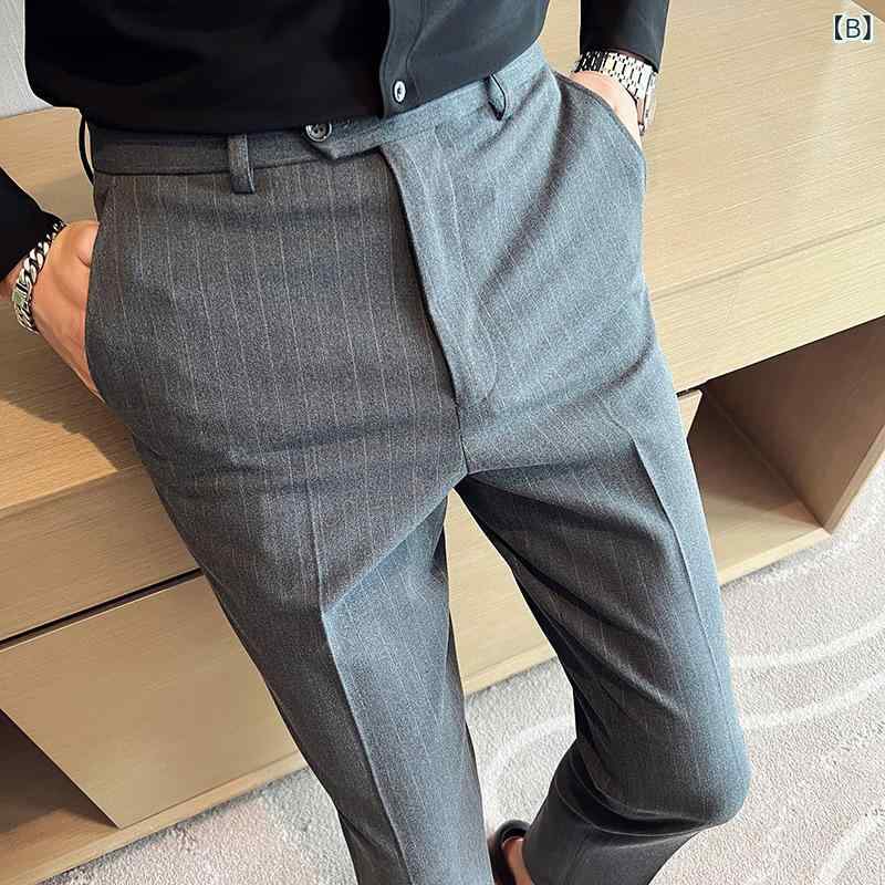 スラックス メンズ ストライプ柄 ビジネスパンツ 紳士服 大きいサイズ スリム 細身 ストレート 春夏 ポリエステル 混紡素材 ストレッチ 伸縮性 履き心地 通勤 普段使い デイリー ブラック グレー ブルー