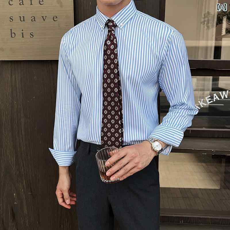 シャツ メンズ 紳士服 トップス 長袖 ストライプ 縦縞 ビジネス 通勤 普段使い 秋冬 英国風 スリム 細身 タイト ポリエステル 防シワ 形態安定 カジュアル フォーマル ライトブルー ブラック ブラウン