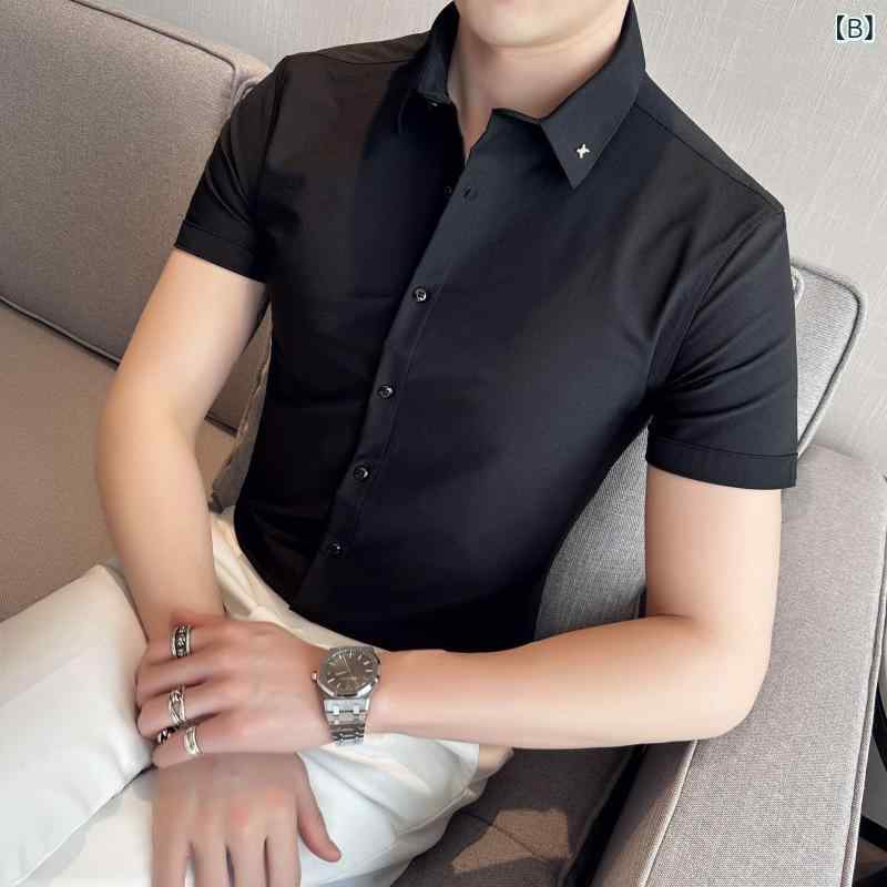 シャツ メンズ 春夏 七分袖 五分袖 半袖 スリム 細身 ビジネス カジュアル 通勤 大きいサイズ トップス ワイシャツ 襟 無地 接触冷感 吸汗速乾 洗える マシンウォッシャブル ナイロン 形態安定 ストレッチ 涼しい シンプル 快適 ホワイト ブ