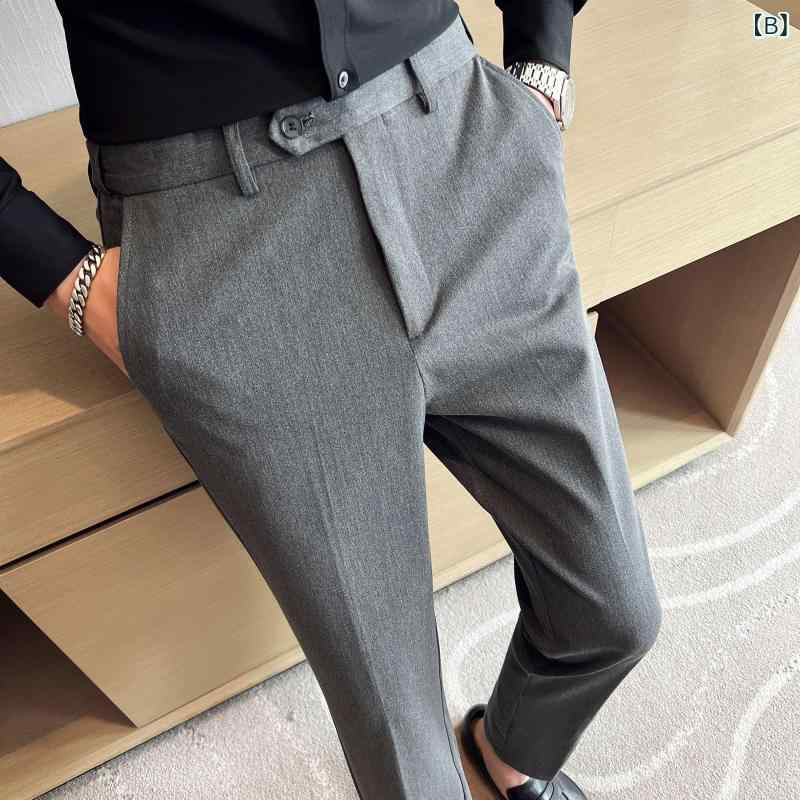 スラックス メンズ ストレッチ 伸縮性 スリム 細身 ストレート ロングパンツ ボトムス 九分丈 アンクル ポリエステル 混紡 ビジカジ 通勤 普段使い お出かけ 春夏 ブラック グレー ネイビー 大きいサイズ 無地 高級感 3