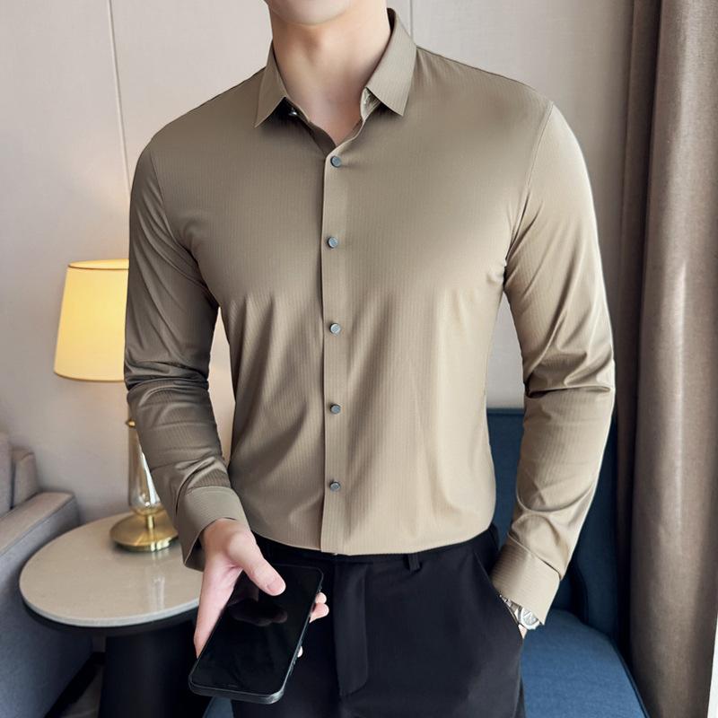 シャツ メンズ 長袖 ストライプ 紳士服 ビジネス カジュアル オフィス 高級感 英国風 スリムフィット 細身 前開き レギュラーカラー オールシーズン シームレス シワになりにくい 形態安定 ナイロン 白 黒 カーキ
