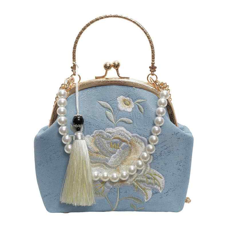 パーティーバッグ メンズ レディース がま口 貝殻型 花柄 刺繍 切り替え パールチェーン 手提げ 合成皮革 中国風 シノワズリ チャイナドレス エレガント 春夏 結婚式 二次会 お呼ばれ ブルー ホワイト ピンク