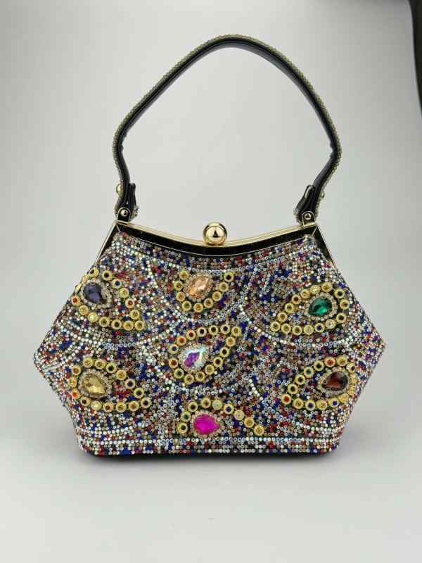 パーティーバッグ レディース チャイナドレス用 がま口 ビジュー ラインストーン カラフル 切り替え キラキラ 高級感 レトロ スクエアバッグ PUレザー ハンドメイド 結婚式 二次会 春夏 ゴールド ホワイト