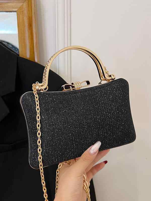 ショルダーバッグ レディース ミニ 手提げ 鞄 斜め掛け スクエア ボックス型 チェーン バゲット クラッチ 合成皮革 高級感 シンプル 留め具 結婚式 二次会 パーティー 秋冬 ブラック シルバー ゴールド