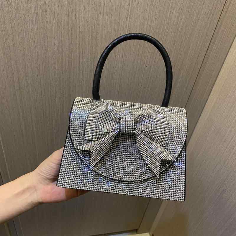 ハンドバッグ レディース パーティー クラッチ フォーマル スクエア ラインストーン ビジュー リボン キラキラ 高級感 結婚式 二次会 披露宴 秋冬 ポリエステル 切り替え マグネット 黒 ブラック かわいい 鞄