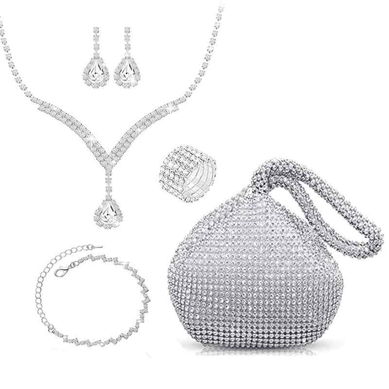 アクセサリーセット レディース ブライダル ウェディング 花嫁 ネックレス ピアス ブレスレット 指輪 リング ジルコニア 高級感 豪華 シルバー パーティーバッグ クラッチ 鞄 キルティング ラインストーン 結婚式 春夏