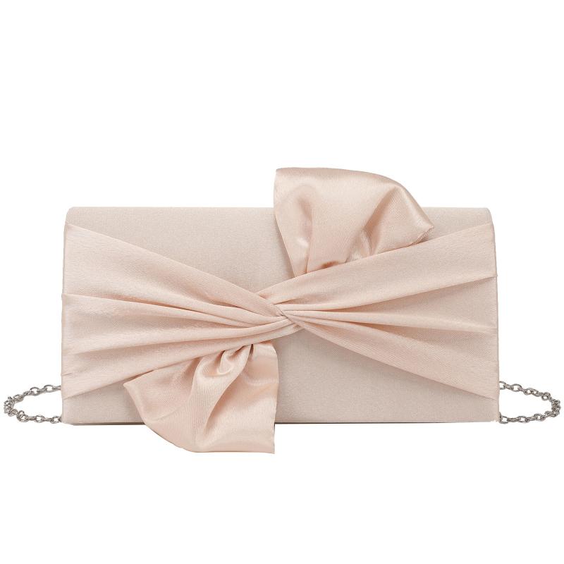 バッグ レディース 鞄 カバン リボン チェーン ショルダー クラッチ パーティー 結婚式 二次会 ポリエステル エレガント 光沢感 スクエア 横型 マグネット式 スマホ収納 内ポケット レッド ブラック アプリコット