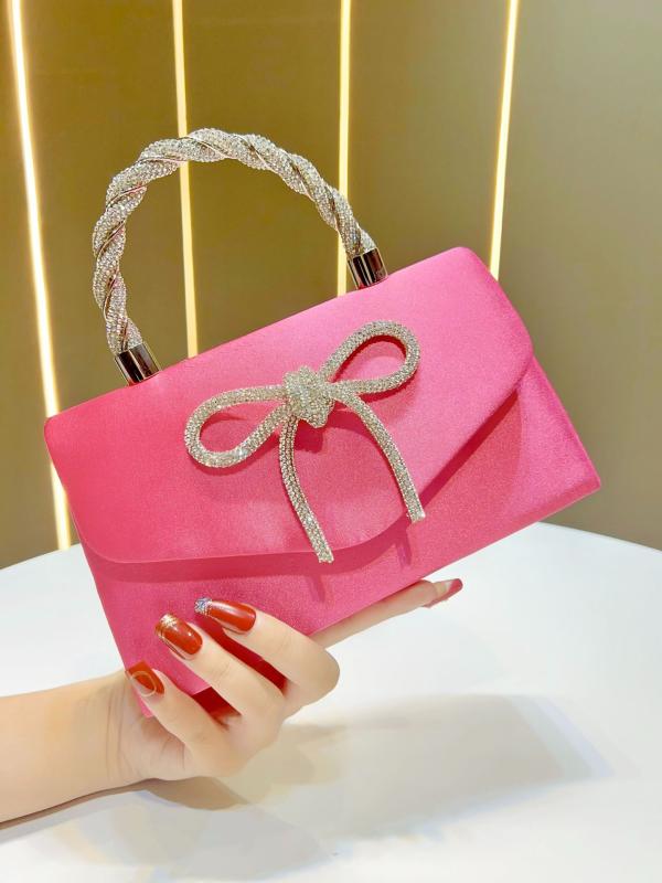 ハンドバッグ レディース 鞄 カバン ショルダー 斜め掛け スクエア リボン ラインストーン ビジュー キラキラ 高級感 パーティー 結婚式 二次会 普段使い 春夏 ポリエステル チェーン マグネット式 ブラック ピンク ブルー 大容量 軽量 ミニ 小ぶ