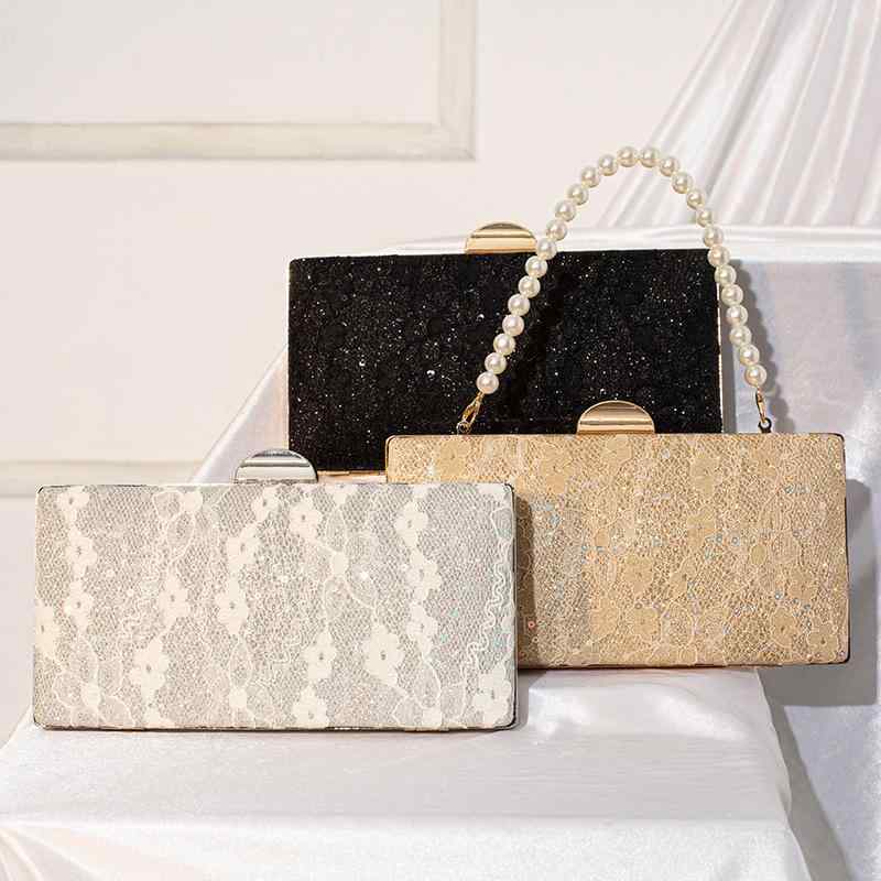 クラッチバッグ レディース ポーチ 鞄 ショルダー 斜め掛け 小さめ スクエア スパンコール レース 高級感 上品 大人 エレガント 秋冬 金 銀 黒 結婚式 パーティー 披露宴 チャイナドレス用 ミニ PUレザー