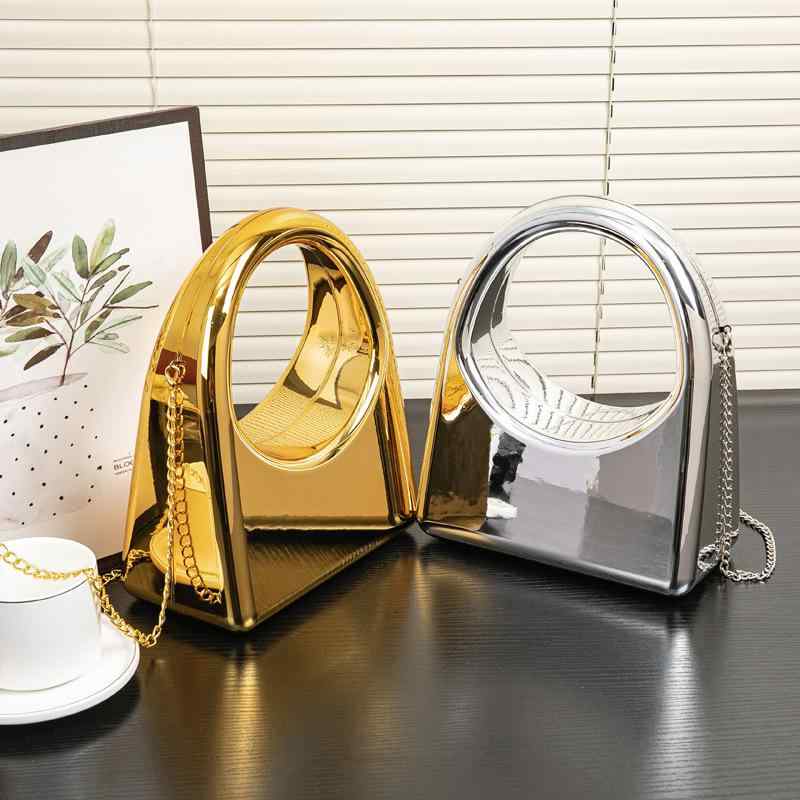 パーティーバッグ レディース クラッチ 手提げ 鞄 かばん イブニング 結婚式 二次会 披露宴 ラインストーン クリスタル アクリル 華やか 高級感 電気メッキ加工 マグネット チェーン ハーフムーン ハードケース ゴールド シルバー ブラック