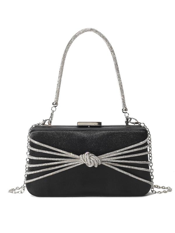 パーティーバッグ レディース クラッチバッグ ハンドバッグ 鞄 手提げ ラインストーン ビジュー キラキラ チェーン 結び目 リボン 高級感 華やか エレガント 上品 欧米風 レトロ スクエア型 四角 ポリエステル 結婚式 二次会 披露宴 ブラ