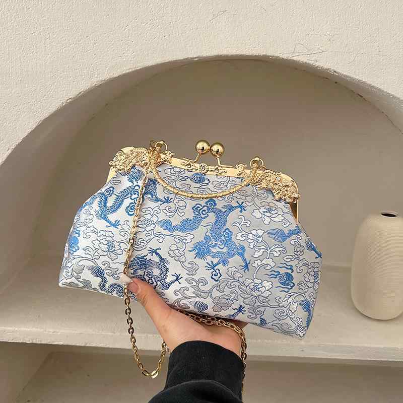 ハンドバッグ レディース チャイナドレス用 刺繍 高級感 サテン 貝型 チェーン 鞄 斜め掛け ワンショルダー 光沢 上品 華やか 和装 パーティー お呼ばれ 春夏 ブラック レッド ゴールド