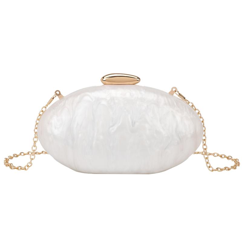 パーティーバッグ レディース クラッチバッグ ショルダーバッグ 鞄 ミニバッグ アクリル 楕円形 オーバル 貝殻 シェル チェーン ストラップ 肩掛け 斜め掛け マグネットボタン ハードタイプ ホワイト ゴールド ピンク 結婚式 二次会 披露宴 春夏