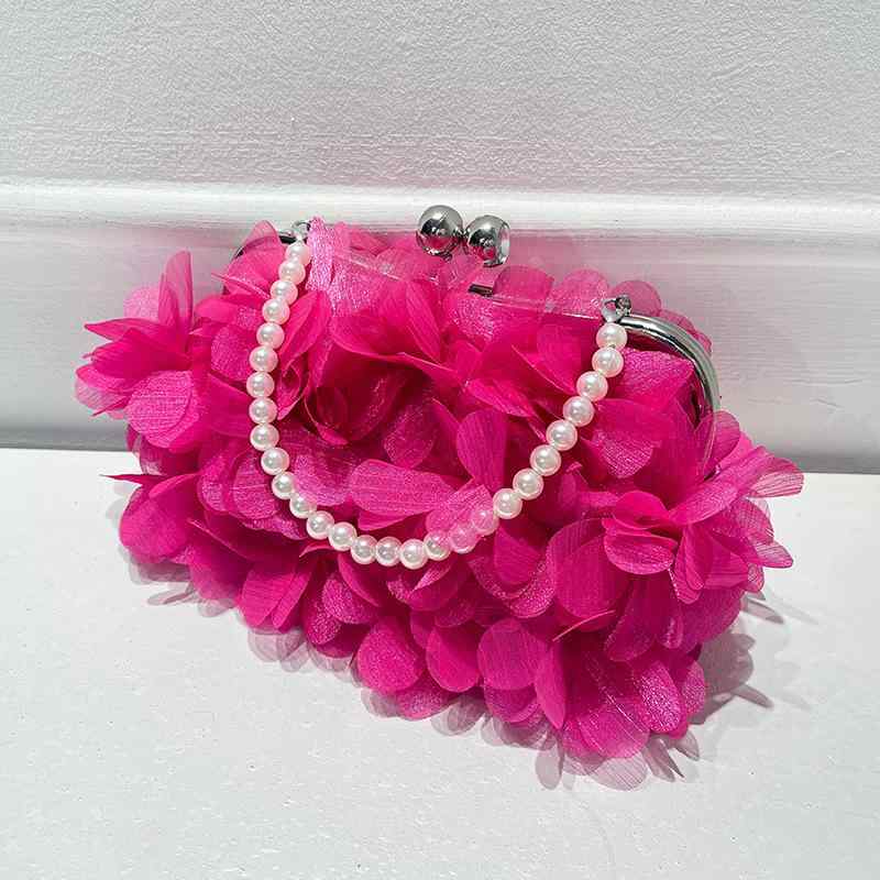 Party Bags - ハンドバッグ レディース 鞄 クラッチ パーティー用 結婚式 お呼ばれ フォーマル 春夏 キャンバス クラウド ギャザー 花 フラワー パール チェーン 金具 高級感 大人かわいい スクエア ローズ ホワイト ブラック