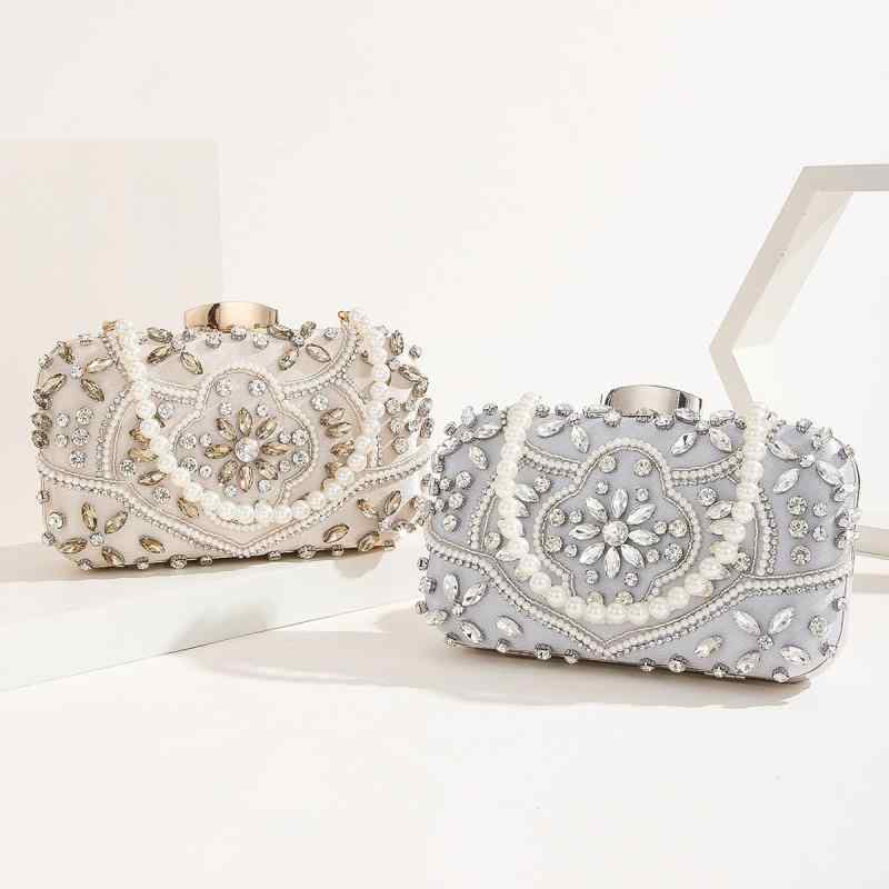 パーティーバッグ レディース 鞄 クラッチ 手刺繍 ビーズ パール パール ラインストーン ビジュー レトロ アンティーク調 チャイナドレス アプリコット シルバー ポリエステル スクエア ミニ 結婚式 二次会 春夏 上品