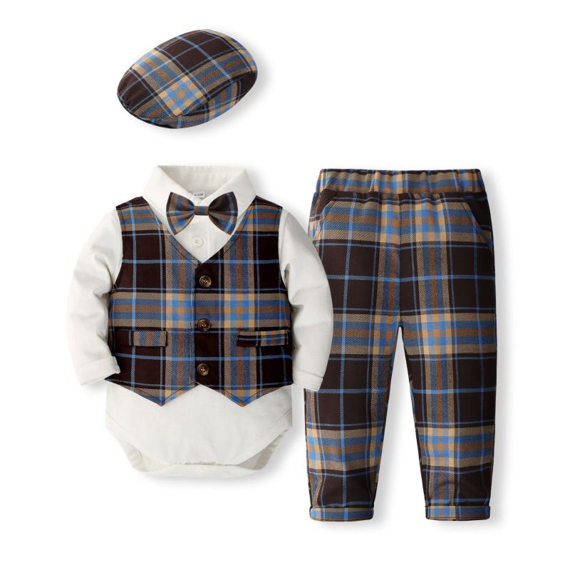 ロンパース 男の子 ベビー キッズ チェック柄 ベスト 長ズボン セットアップ 英国風 フォーマル 結婚式..