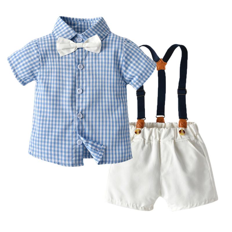 Top & Bottom Sets - セットアップ 男の子 子供 ベビー 春夏 チェック柄シャツ サスペンダーハーフパンツ 上下セット キッズウェア 半袖 コットン 綿 英国風 韓国 カジュアル お出かけ 誕生日 普段着 黄 ライトブルー 通気性 吸汗 幼児服 格子柄 ショートパンツ