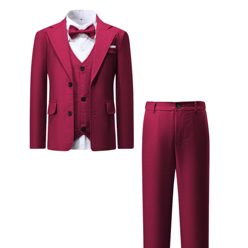スーツ 男の子 キッズ セットアップ フォーマル 紳士 礼服 長袖 シャツ ベスト ロングパンツ ズボン 春秋 綿 コットン 発表会 結婚式 七五三 無地 ダークレッド グレー かっこいい 欧米スタイル 通気性 柔らかい シンプル