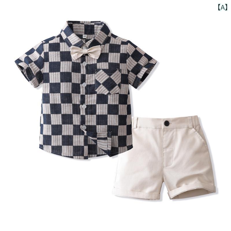 セットアップ 男の子 キッズ 子供 半袖 シャツ ハーフパンツ 上下セット 蝶ネクタイ チェック柄 襟 紳..