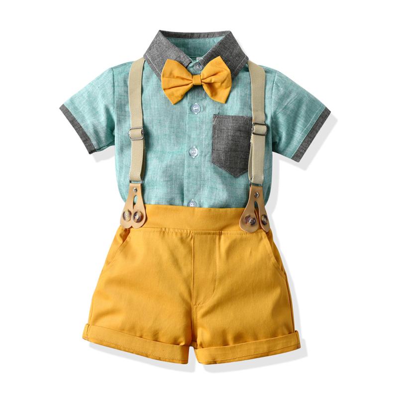 セットアップ 男の子 子供 春夏 半袖 シャツ ハーフパンツ 半ズボン サスペンダー 蝶ネクタイ 襟 切り替え フォーマル カジュアル 綿 コットン ライトグリーン 浅緑 誕生日 発表会 結婚式 欧米風 かっこいい