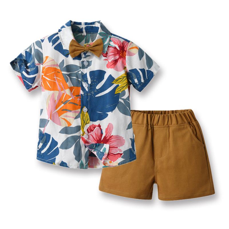 セットアップ 男の子 子供服 キッズ 半袖 アロハシャツ 総柄 開襟 ハーフパンツ 短ズボン 欧米風 かっこいい おしゃれ 春夏 ビーチ リゾート 旅行 綿 コットン 通気性 吸湿性 カジュアル ブルー カーキ ベージュ