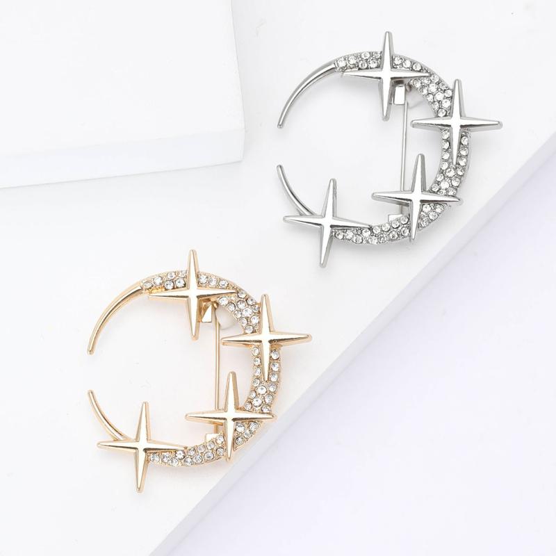 Rakuten - ブローチ レディース コサージュ ピンバッジ アクセサリー ファッション小物 月 星 三日月 モチーフ ジルコニア ラインストーン 合金 電気メッキ加工 高級感 華やか キラキラ シルバー ゴールド 秋冬 通勤 フォーマル パーティー スーツ ジャケット