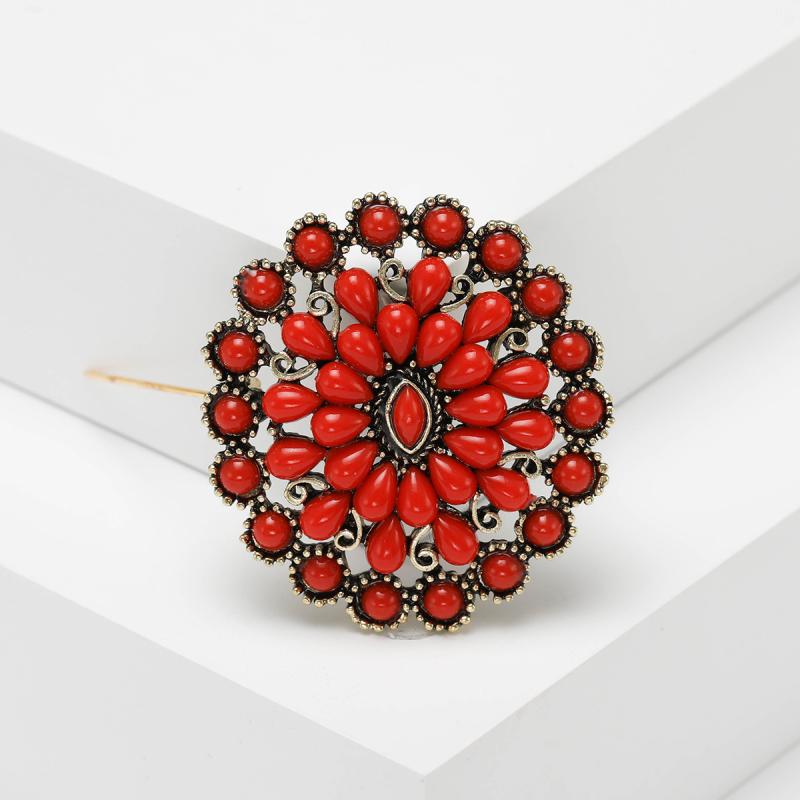 ブローチ レディース ヴィンテージ風 レトロ トルコ風 ボヘミアン エスニック ラインストーン ピン フラワー モチーフ 上品 エレガント トルコブルー レッド フォーマル パーティー 結婚式 春夏 大人 かわいい