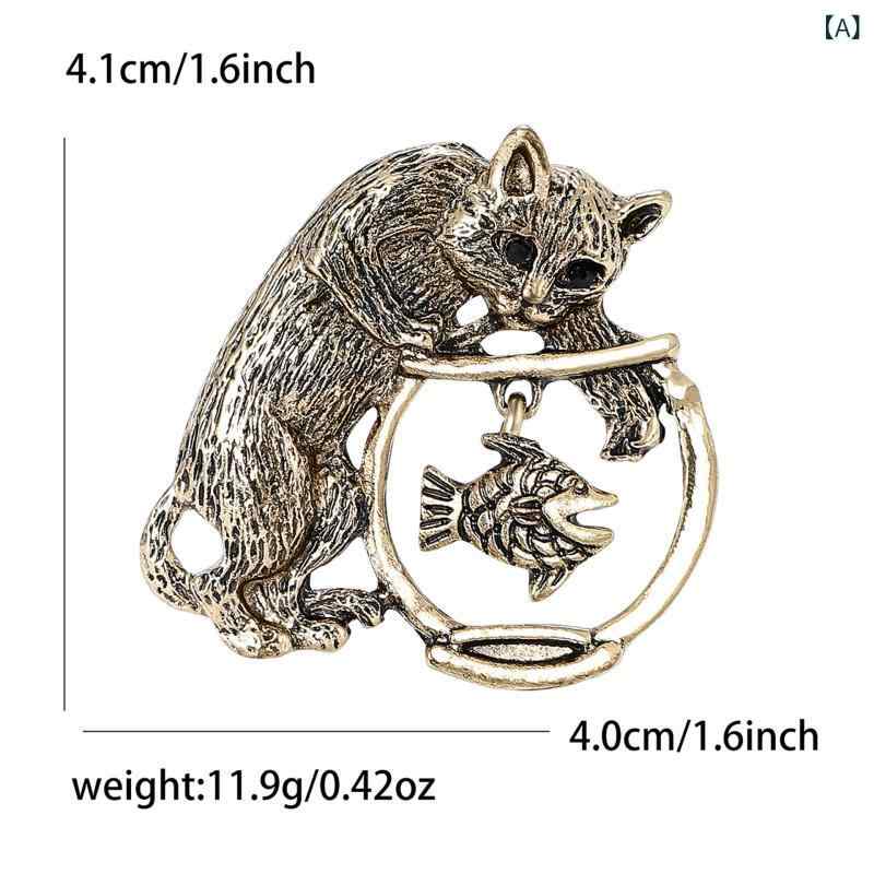 ブローチ メンズ レディース 男女兼用 猫 ネコ 魚釣り レトロ かわいい カートゥー...