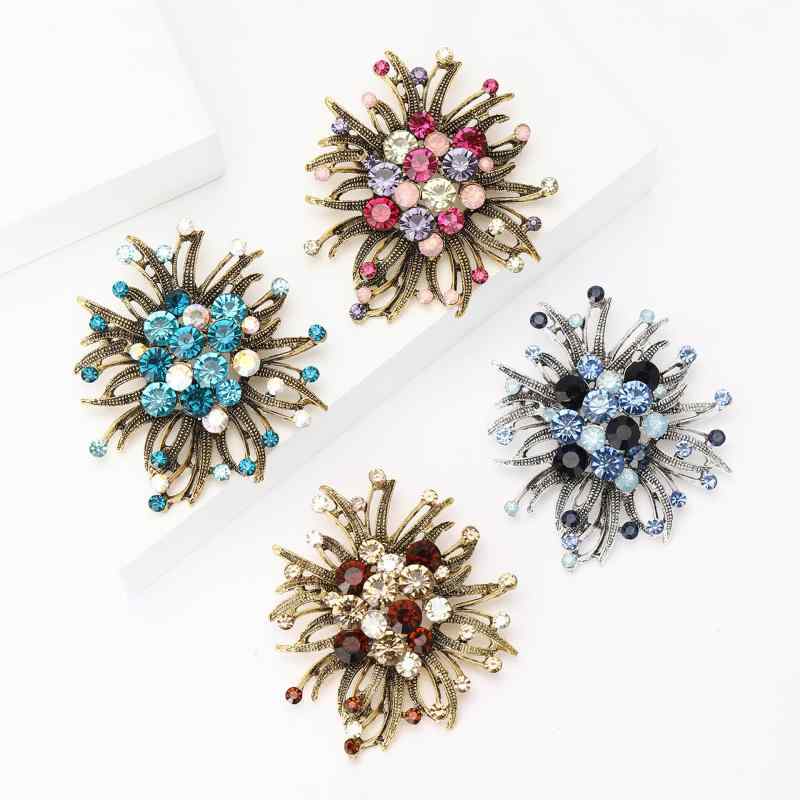 ブローチ レディース コサージュ ピンブローチ アクセサリー 花 フラワー 花火 ジルコニア ラインストーン 合金 上品 エレガント 高級感 大人 きれいめ 結婚式 通勤 パーティー ブルー ブラウン マルチカラー 春夏