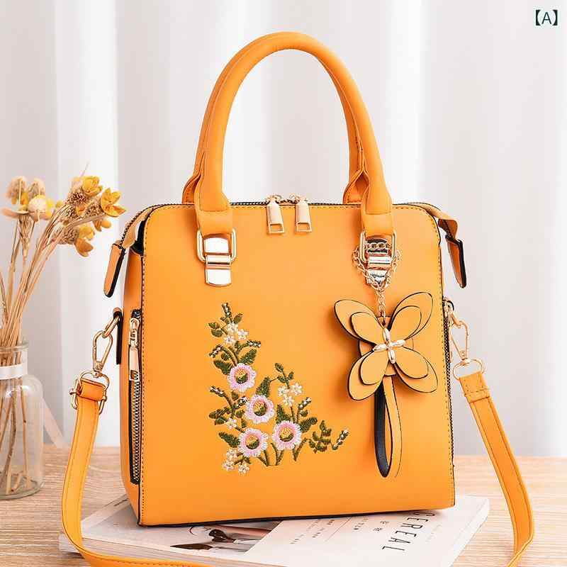 VANESSA BRUNO - バッグ レディース ハンドバッグ ショルダーバッグ 斜めがけ 鞄 カバン 手提げ 2way シェル型 刺繍 花柄 PUレザー 合成皮革 高級感 通勤 ビジネス 普段使い 大容量 多機能 貝殻型 上品 春夏 イエロー レッド カーキ