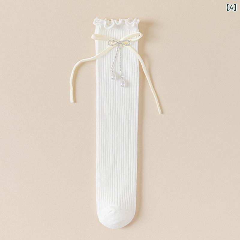 靴下 女の子 キッズ ロリータ リボン ロング ニーハイ 膝丈 姫系 発表会 結婚式 普段使い 秋冬 コーマ綿 ジャガード 通気性 吸汗 ストレッチ かわいい 無地 パール ホワイト ブラック ハート ガーリー ジュニア 2