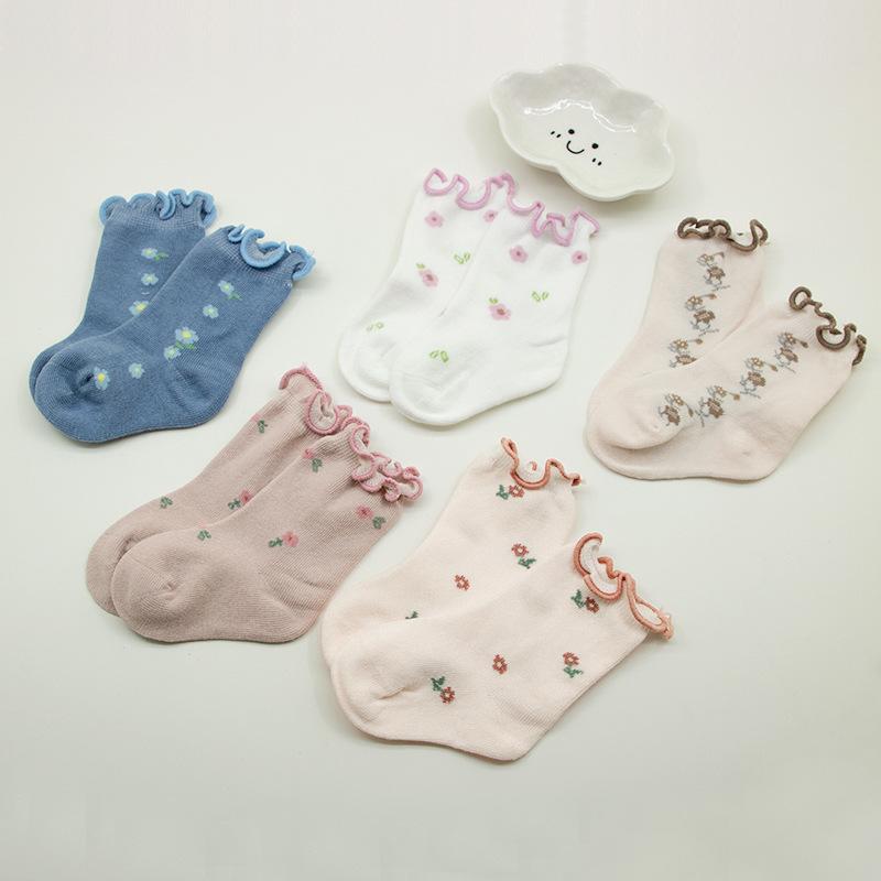 靴下 女の子 ベビー キッズ 赤ちゃん 新生児 秋冬 クルーソックス コーマ綿 コットン シームレス 履き口ゆったり 通気性 吸汗 蒸れにくい プリント 花柄 かわいい プリンセス ホワイト ベージュ ピンク ガーリー 通園 通学 お出かけ 伸縮性 ソフト