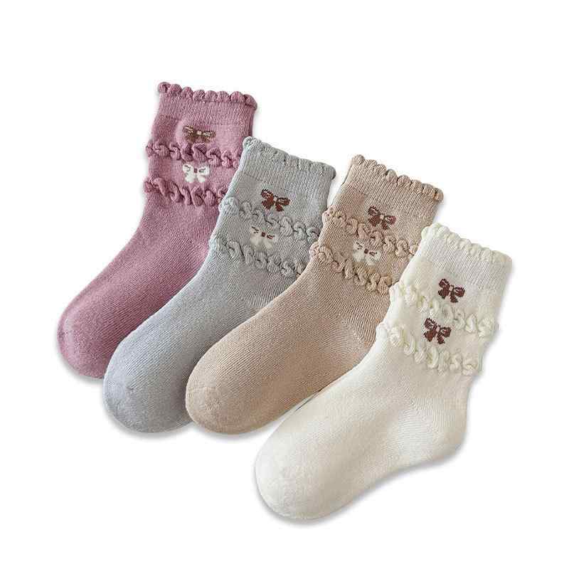 Socks - 靴下 女の子 キッズ 子供用 ベビー 秋冬 厚手 裏起毛 パイル リボン プリンセス かわいい スウィート コーマコットン ムレにくい 吸汗 防寒 保温 暖かい クルー丈 快適 普段使い 学校 キャンディ パステル
