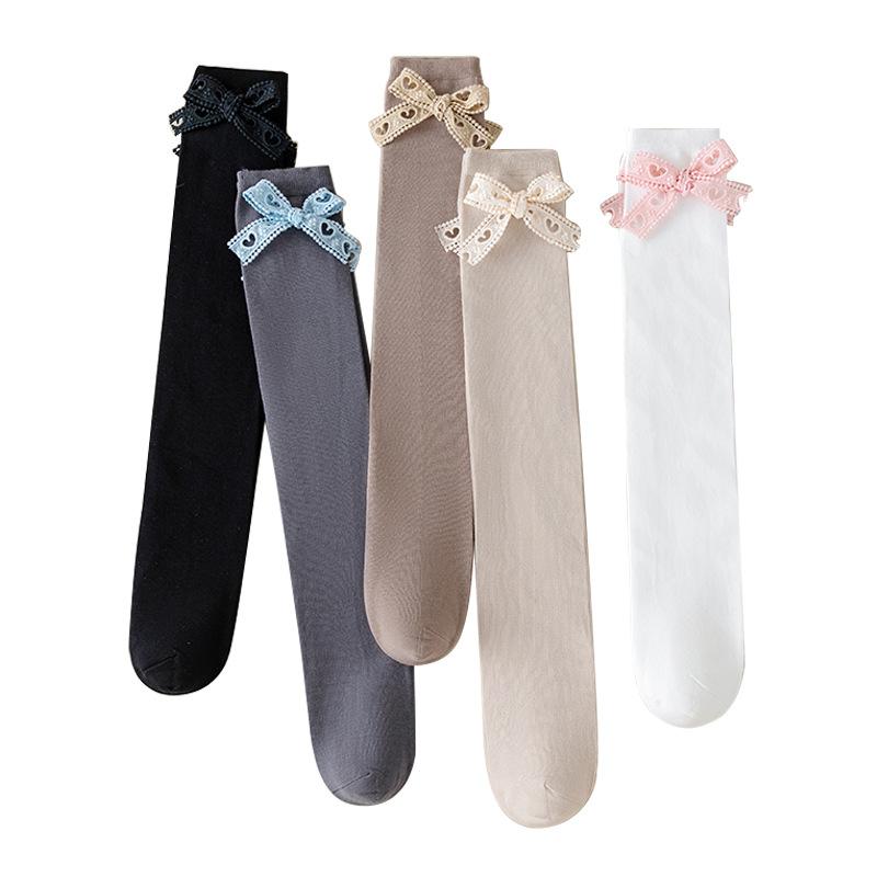 靴下 女の子 キッズ ベビー ガールズ ハイソックス ニーハイ リボン プリンセス 無地 ロング丈 通気性 ..