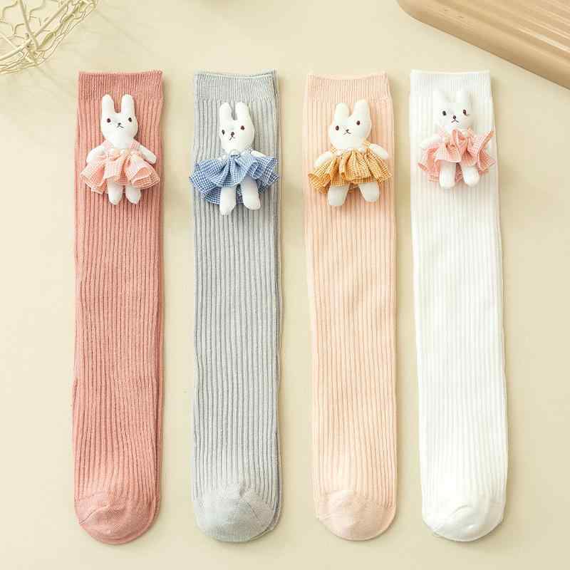 靴下 女の子 キッズ ベビー ハイソックス ロングソックス ウサギ かわいい 韓国 プリンセス 綿 コットン 通気性 吸汗 伸縮性 ストレッチ 普段使い 通園 通学 カジュアル 白 グレー ピンク 無地 柔らかい