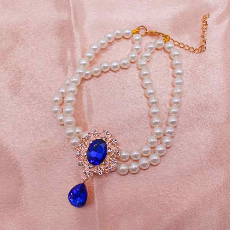 ネックレス 猫用 犬用 男の子 女の子 二連 パール 宝石風ペンダント プリンセス風 おしゃれ かわいい ペット用 首輪 アクセサリー ブルー イエロー グリーン 誕生日 結婚式 パーティー オールシーズン 軽量 華やか